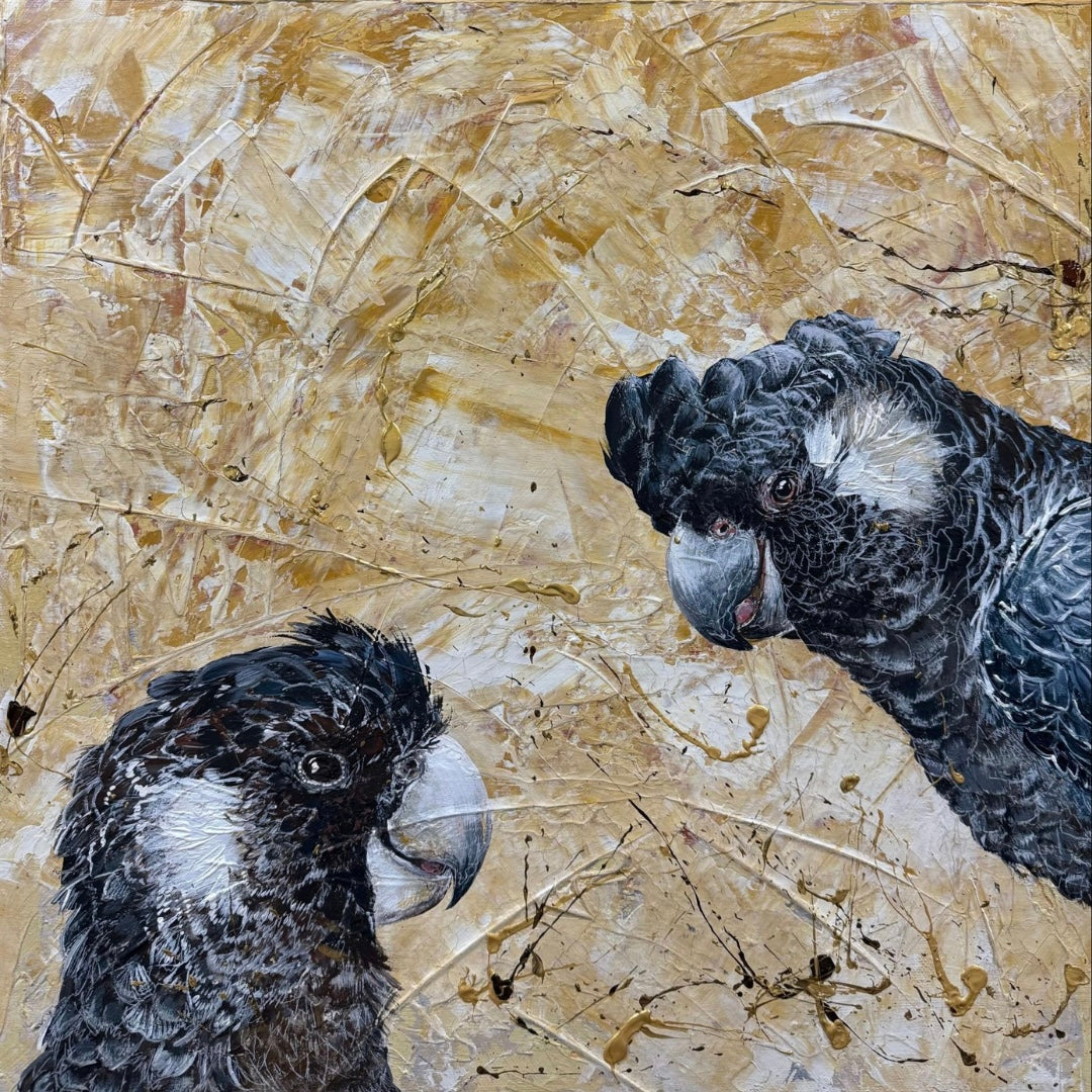 For Sale “Bloodlines & Black Cockatoos”, the native Australian Carnaby’s Black Cockatoos. Acrylic on canvas, Framed