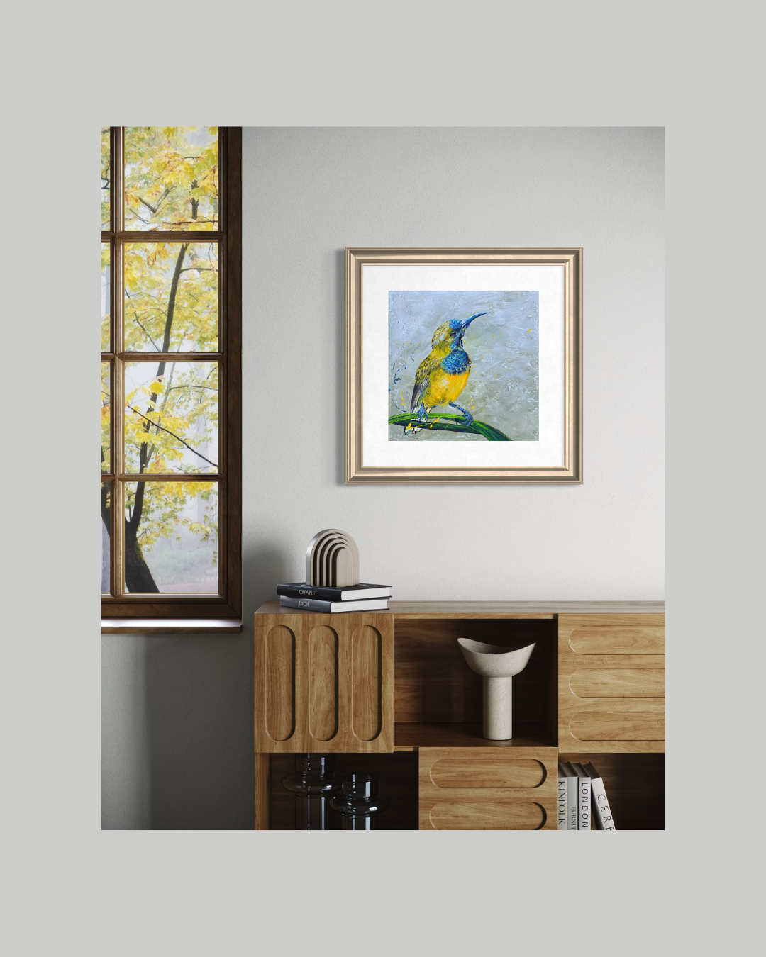 FOR SALE "The Spectacular Little Olive-Backed Sunbird" Acrylic on canvas.