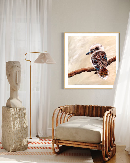 SOLD Baby Kookaburra on Branch, acrylic on board. Size: square 41cm x 41cm