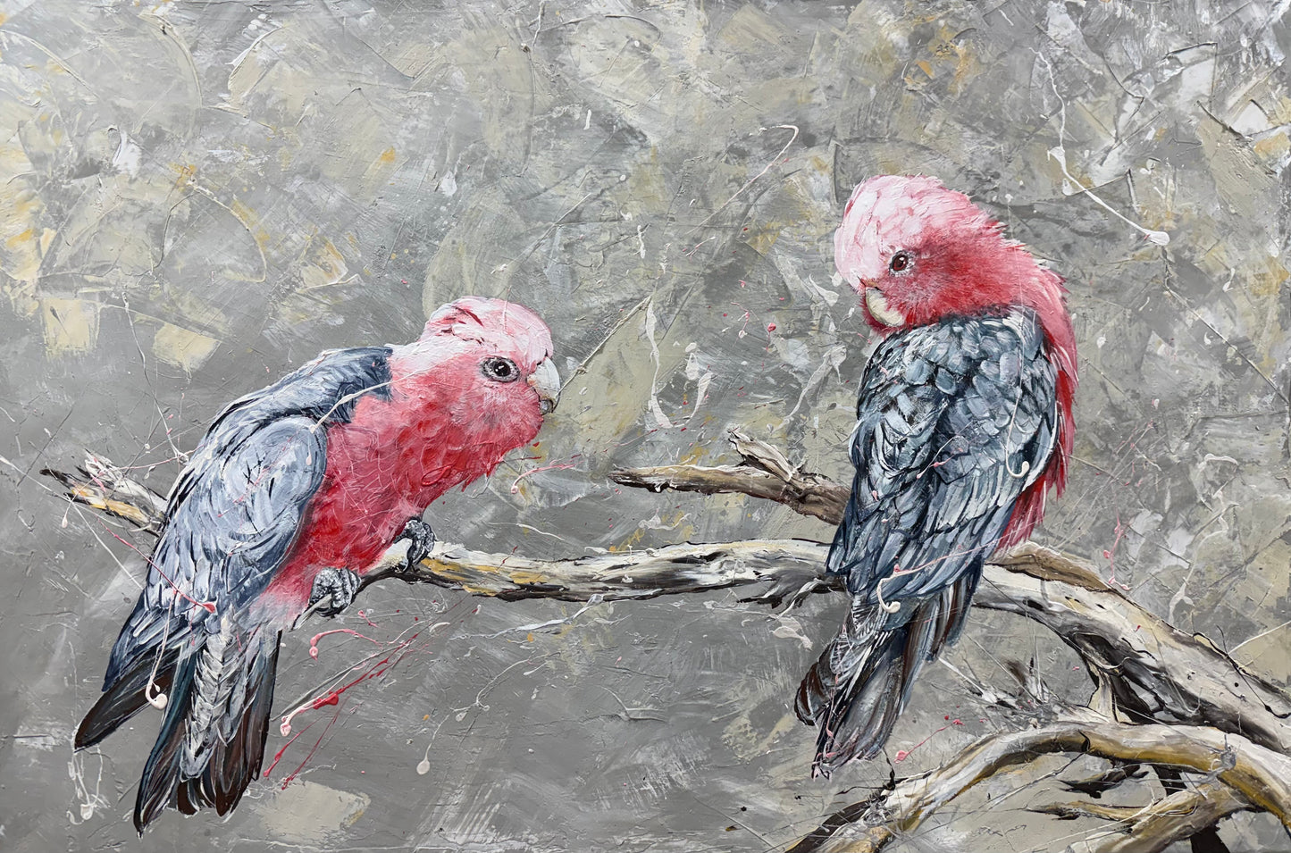 SOLD "A Pair of Glorious, Cheeky Pink Galahs" acrylic on canvas