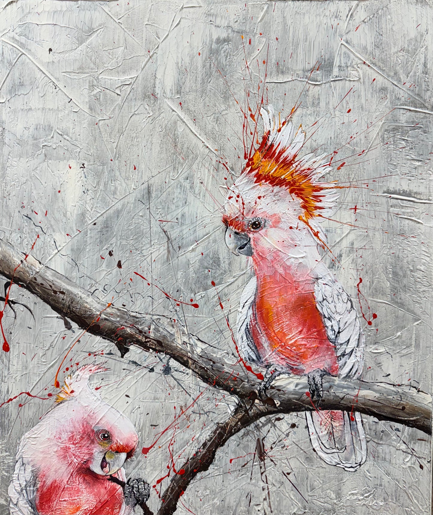 FOR SALE "A Stunning Pair of Major Mitchell's Pink Cockatoos" acrylic on canvas