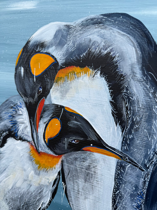 SOLD "King Penguins - Love at world's end" acrylic and pen on canvas