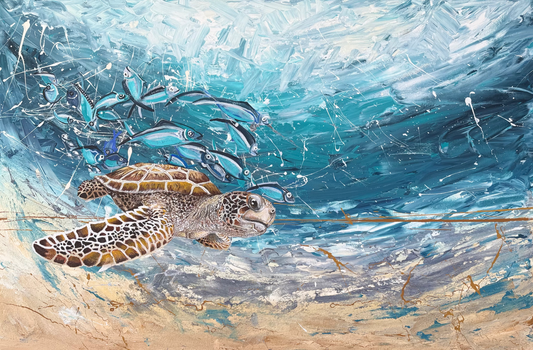 SOLD: Sea Turtle with Silver Blue Fish, unframed - 61cm x 91cm (25" x 36")