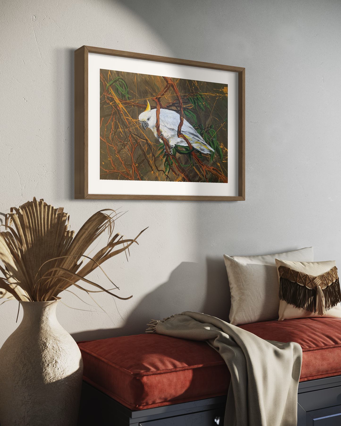 SOLD Sulphur-Crested Cockatoo in Bushland, acrylic on art paper, size (unframed): 30 x 42cm, A3