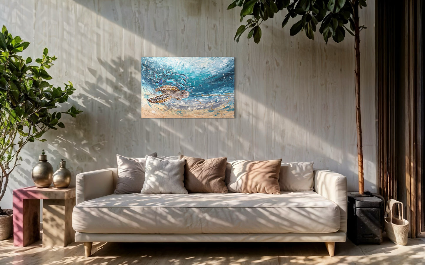 SOLD: Sea Turtle with Silver Blue Fish, unframed - 61cm x 91cm (25" x 36")