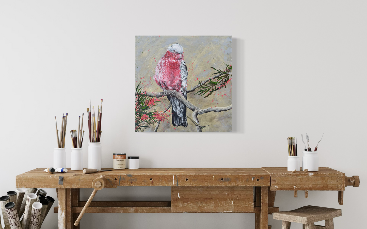 FOR SALE "The Gorgeous Pink Galah with Pink Grevillea", Both Native to Australia. Acrylic on canvas