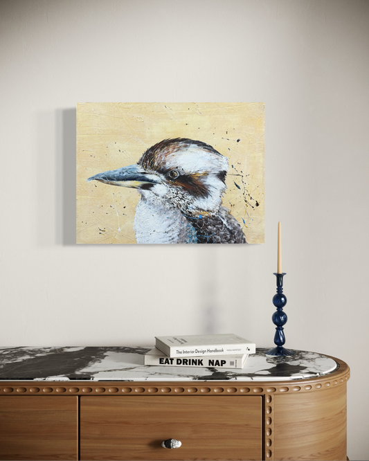 SOLD "Poised to Perfection", the Australian native Laughing Kookaburra. Acrylic on canvas