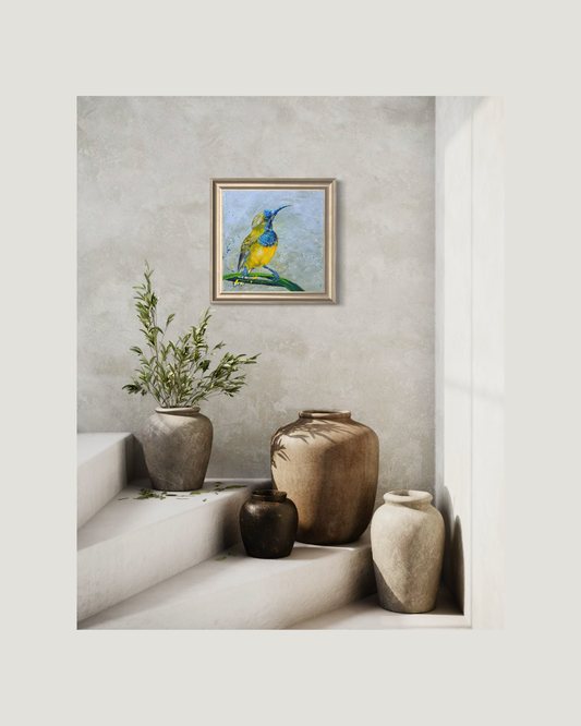 FOR SALE "The Spectacular Little Olive-Backed Sunbird" Acrylic on canvas.