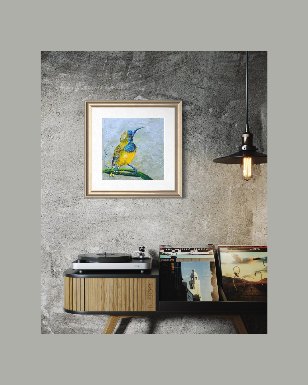 FOR SALE "The Spectacular Little Olive-Backed Sunbird" Acrylic on canvas.