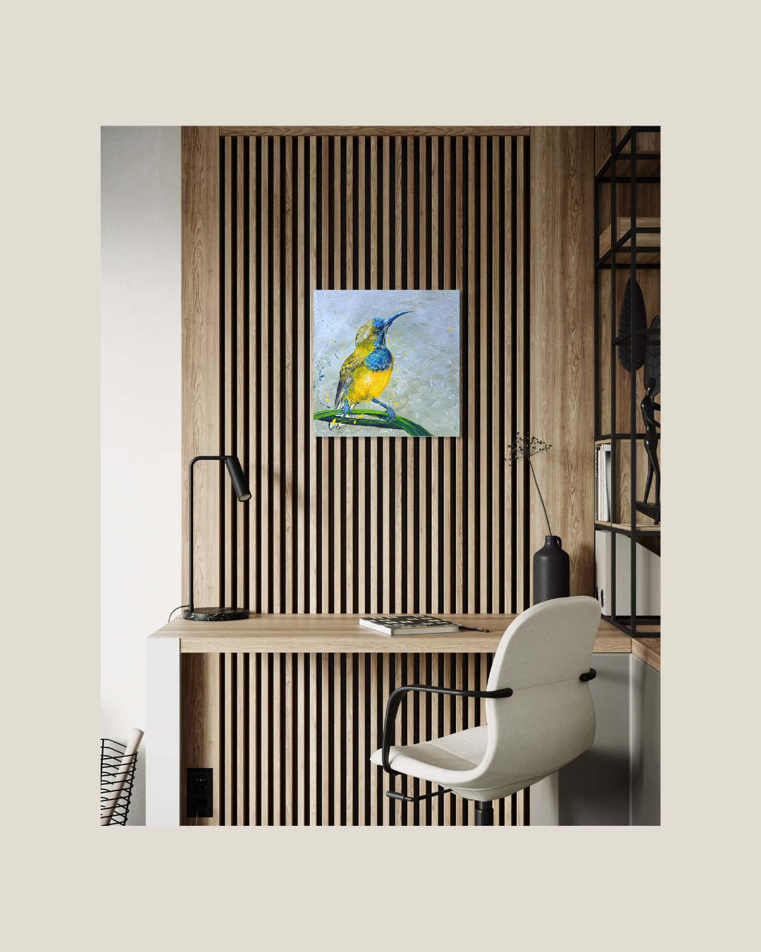FOR SALE "The Spectacular Little Olive-Backed Sunbird" Acrylic on canvas.