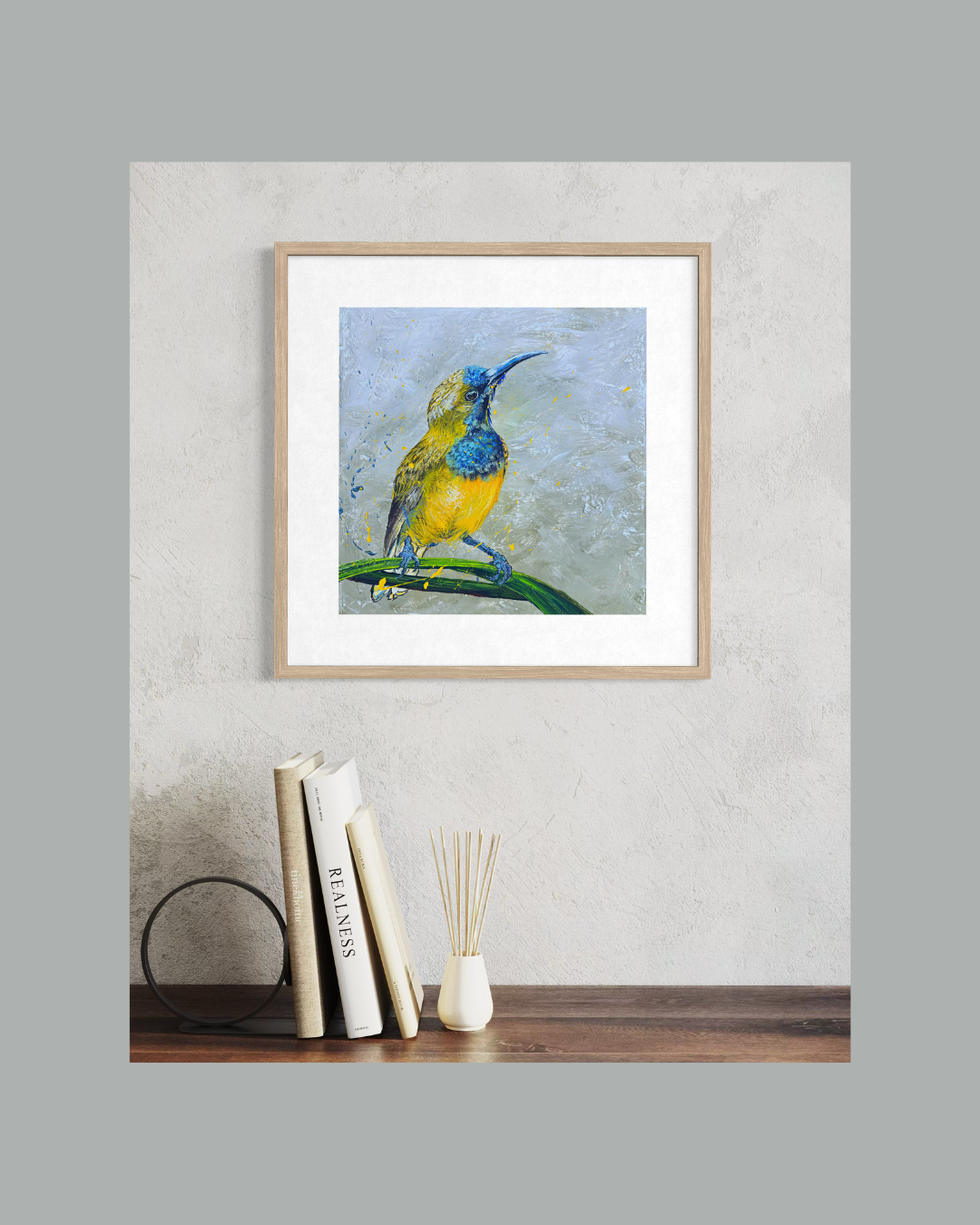 FOR SALE "The Spectacular Little Olive-Backed Sunbird" Acrylic on canvas.