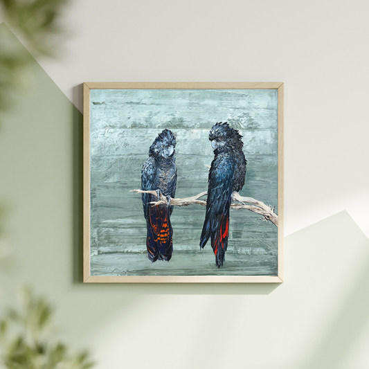SOLD “Native Beauties” a pair of Australian native Red-Tailed Black Cockatoos. Acrylic on canvas.