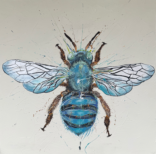 FOR SALE "Be my Honey Bee 3" a variation of the native Australian blue-banded bee. Acrylic & texture paste on canvas.