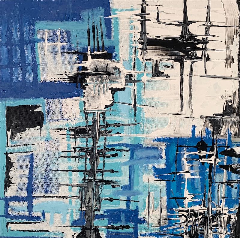 SOLD Blue Squares, acrylic and oil pastel on canvas. Size: H 40.5cm x W 40.5cm
