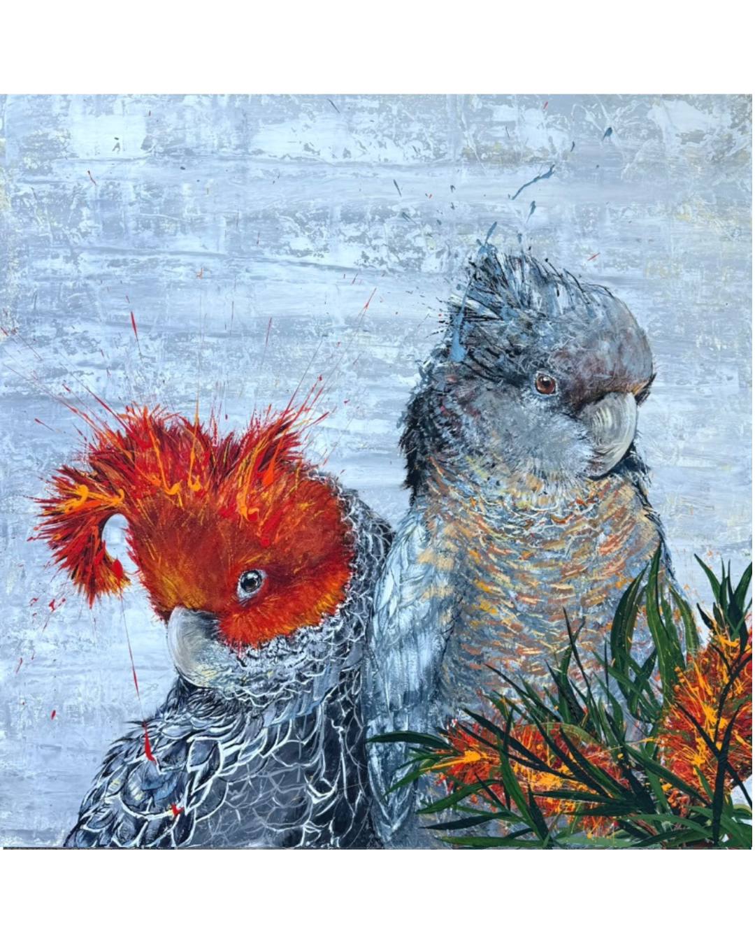 SOLD "Cockatoo Capers 2" The native Australian Gang Gang Black Cockatoos. Acrylic on canvas. *Fine art prints also available