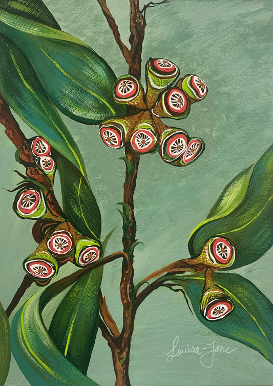 SOLD Australian eucalyptus leaves with gum nuts, acrylic on art paper - Size: 42cm x 30cm