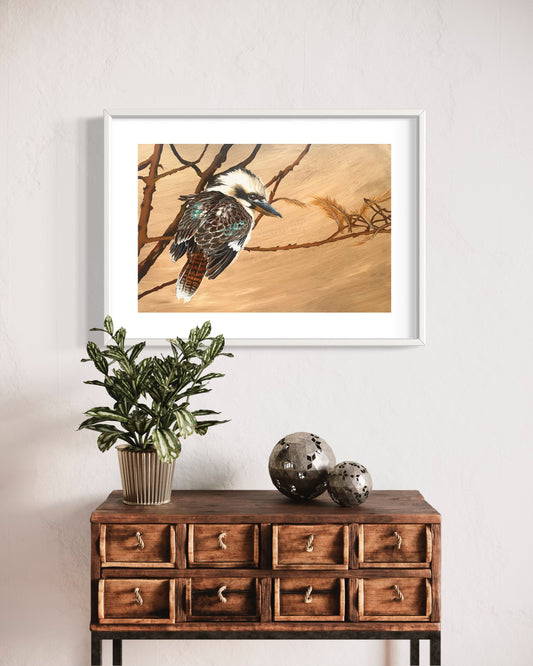 SOLD Kookaburra in Rustic Browns, acrylic on paper. Size: landscape 30cm x 42cm (A3)