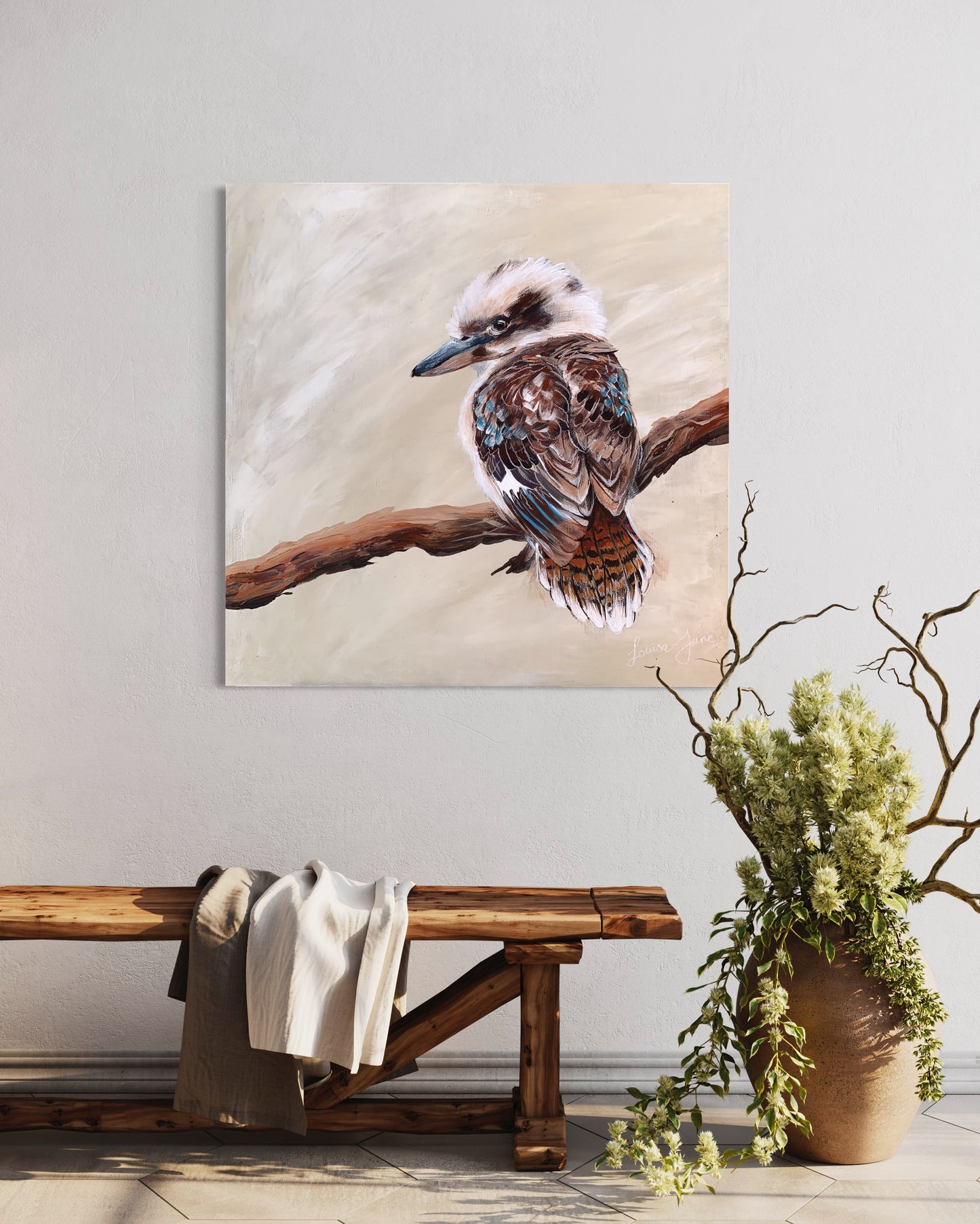 SOLD Baby Kookaburra on Branch, acrylic on board. Size: square 41cm x 41cm
