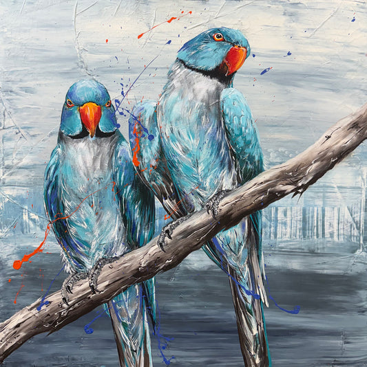 SOLD "I'm in a Blue State of Mind" featuring the Blue Ringneck Parakeet. Acrylic on canvas