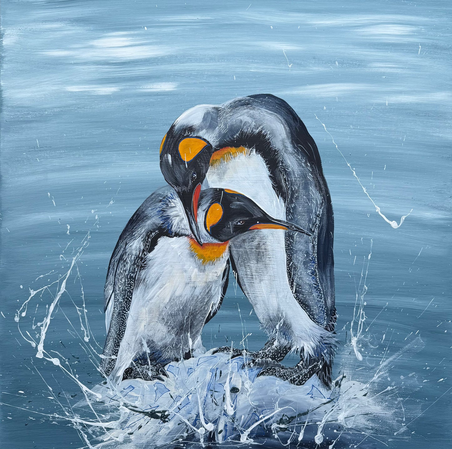 SOLD "King Penguins - Love at world's end" acrylic and pen on canvas