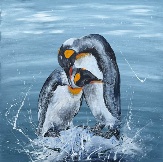 SOLD "King Penguins - Love at world's end" acrylic and pen on canvas