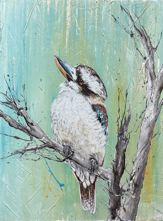 For Sale "Sweet Things and Ghost Gums", the Australian native Laughing Kookaburra. acrylic on canvas