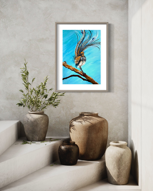 SOLD Lyrebird on Branch, acrylic on art paper. Size: 42cm x 30cm (A3)