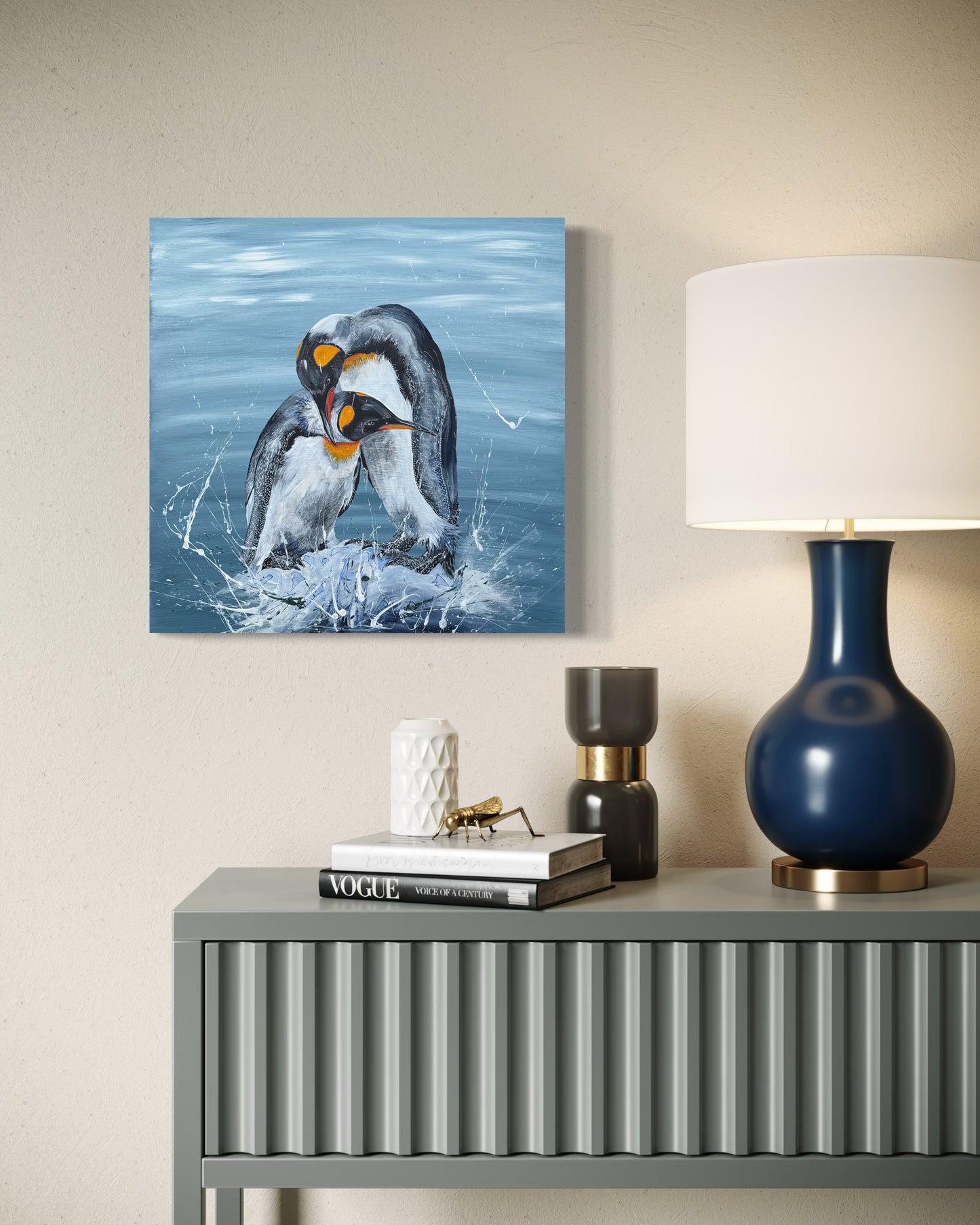 SOLD "King Penguins - Love at world's end" acrylic and pen on canvas