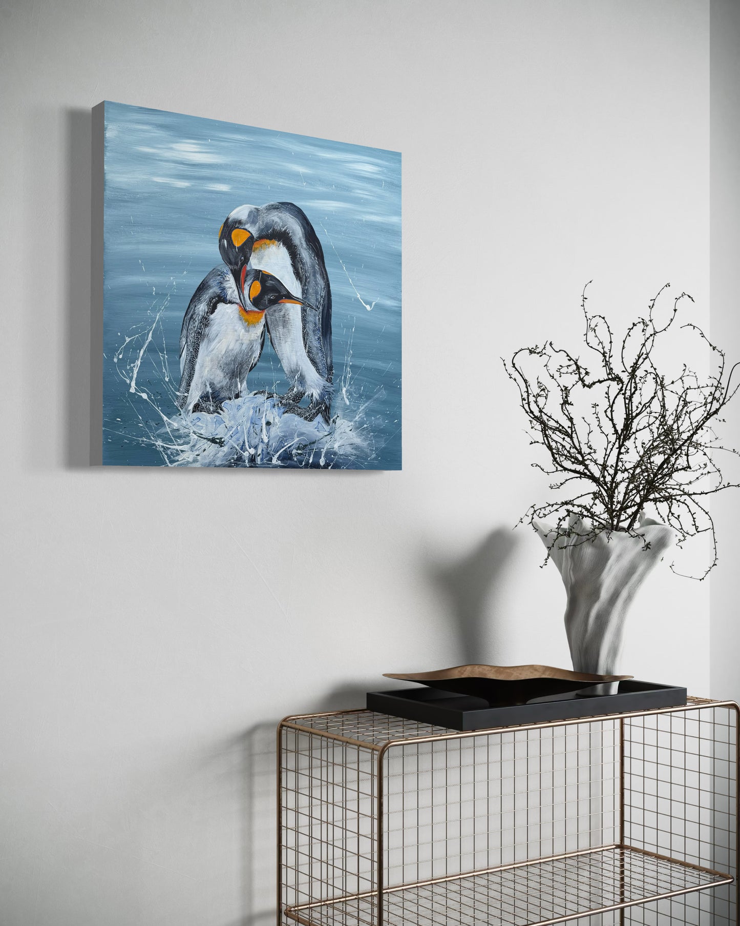 SOLD "King Penguins - Love at world's end" acrylic and pen on canvas