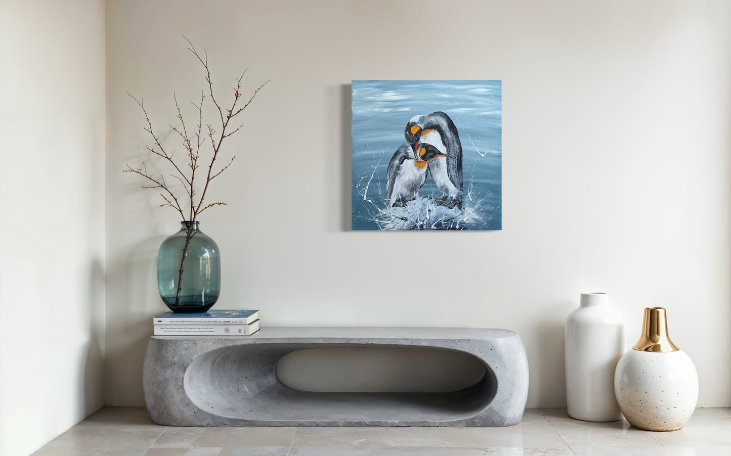 SOLD "King Penguins - Love at world's end" acrylic and pen on canvas
