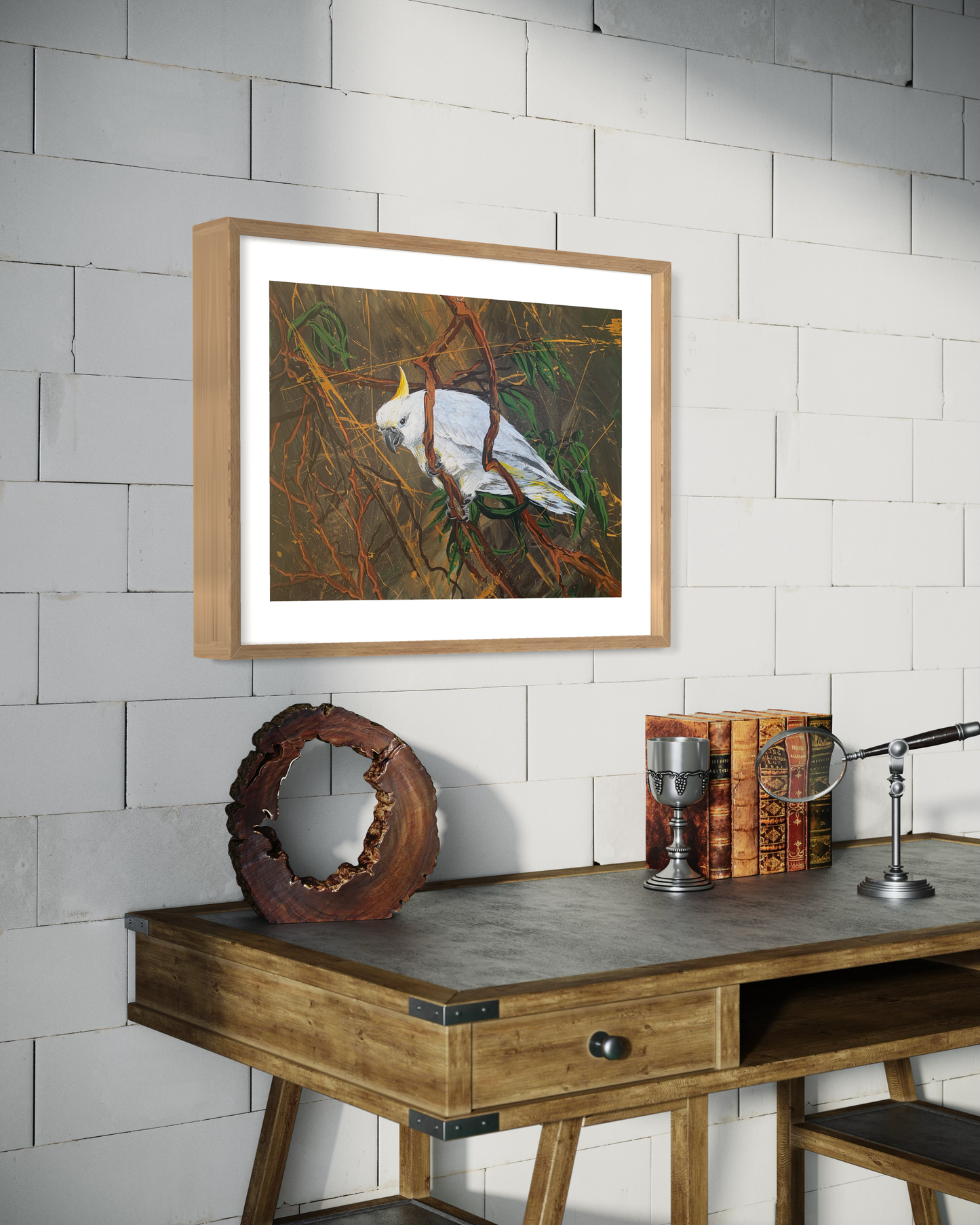 SOLD Sulphur-Crested Cockatoo in Bushland, acrylic on art paper, size (unframed): 30 x 42cm, A3