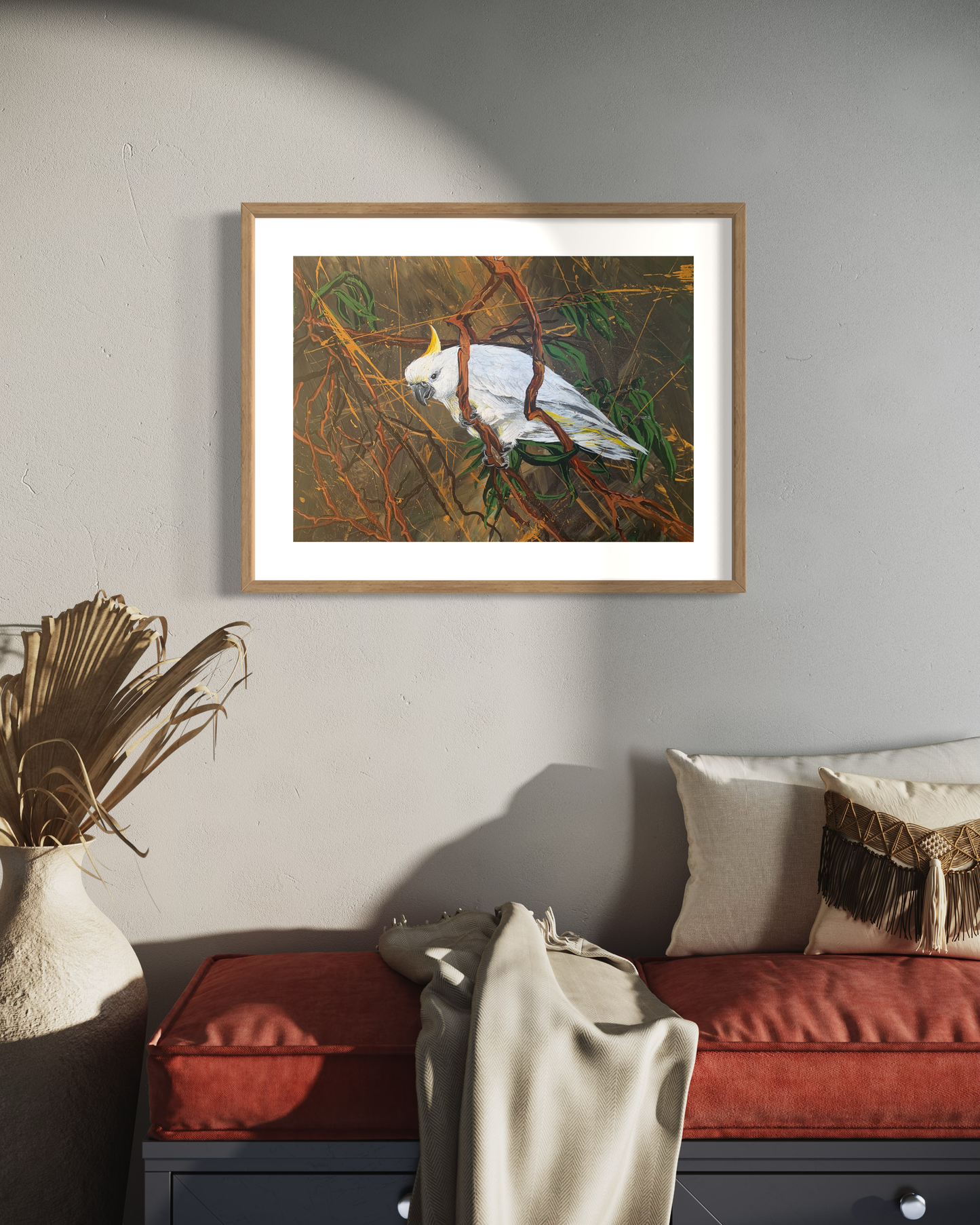 SOLD Sulphur-Crested Cockatoo in Bushland, acrylic on art paper, size (unframed): 30 x 42cm, A3