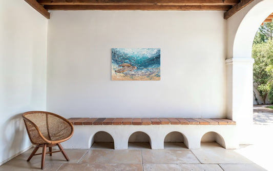 SOLD: Sea Turtle with Silver Blue Fish, unframed - 61cm x 91cm (25" x 36")