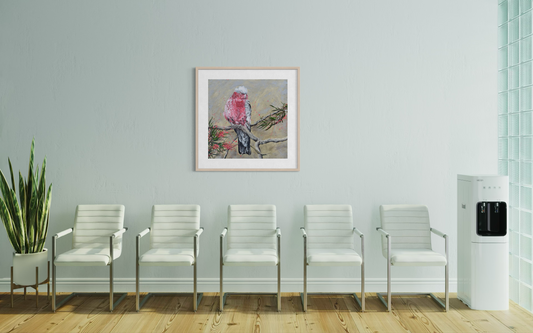 FOR SALE "The Gorgeous Pink Galah with Pink Grevillea", Both Native to Australia. Acrylic on canvas