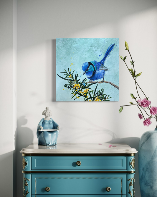 SOLD "Boy in Blue", the native Australian male Splendid Fairy Wren. Acrylic on canvas.