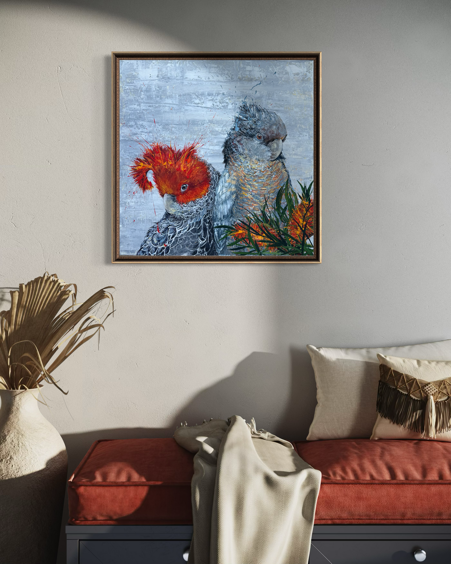 SOLD "Cockatoo Capers 2" The native Australian Gang Gang Black Cockatoos. Acrylic on canvas. *Fine art prints also available