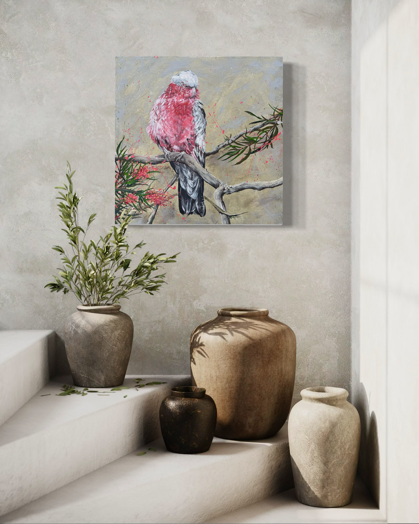 FOR SALE "The Gorgeous Pink Galah with Pink Grevillea", Both Native to Australia. Acrylic on canvas