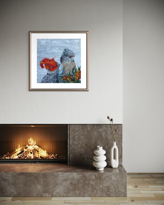 SOLD "Cockatoo Capers 2" The native Australian Gang Gang Black Cockatoos. Acrylic on canvas. *Fine art prints also available