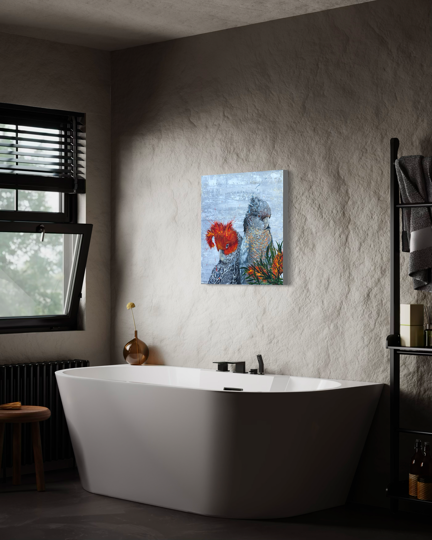 SOLD "Cockatoo Capers 2" The native Australian Gang Gang Black Cockatoos. Acrylic on canvas. *Fine art prints also available