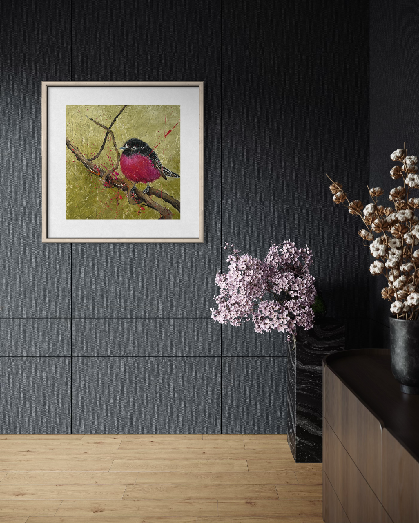SOLD -Fine Art Prints available. "Pink Robin", one of Australia's most beautiful native birds. Acrylic on canvas. *Fine art prints are also available