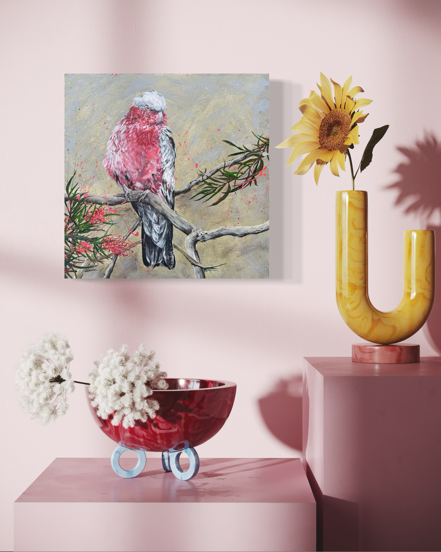 FOR SALE "The Gorgeous Pink Galah with Pink Grevillea", Both Native to Australia. Acrylic on canvas