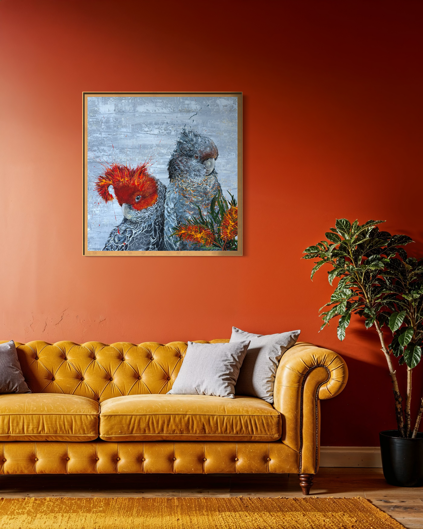 SOLD "Cockatoo Capers 2" The native Australian Gang Gang Black Cockatoos. Acrylic on canvas. *Fine art prints also available