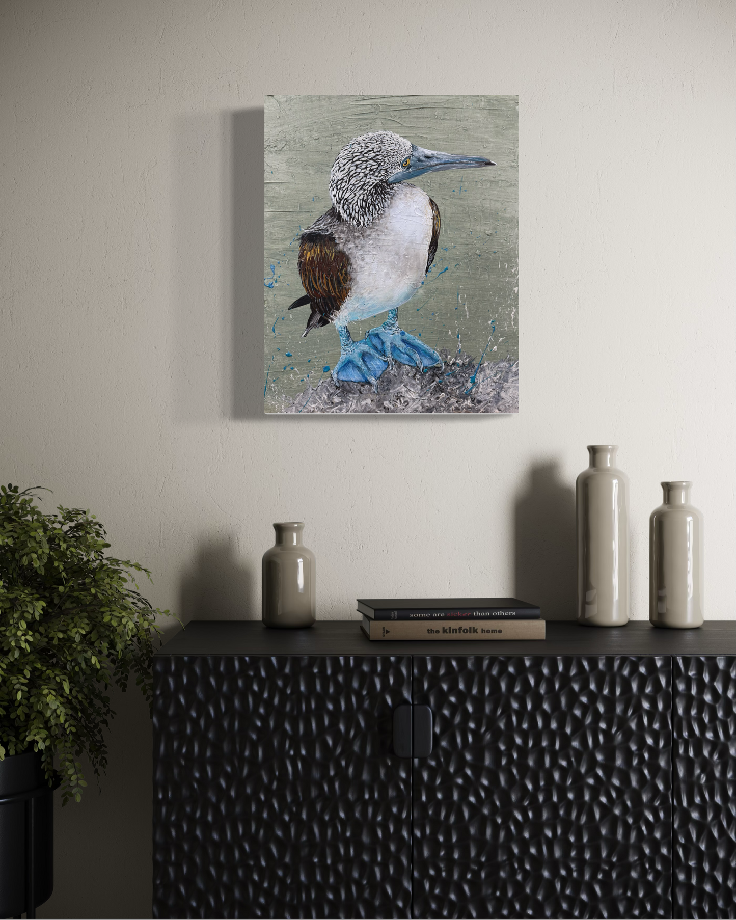 FOR SALE "The Blue-Footed Booby Bird", native to the eastern Pacific Ocean. Acrylic on canvas