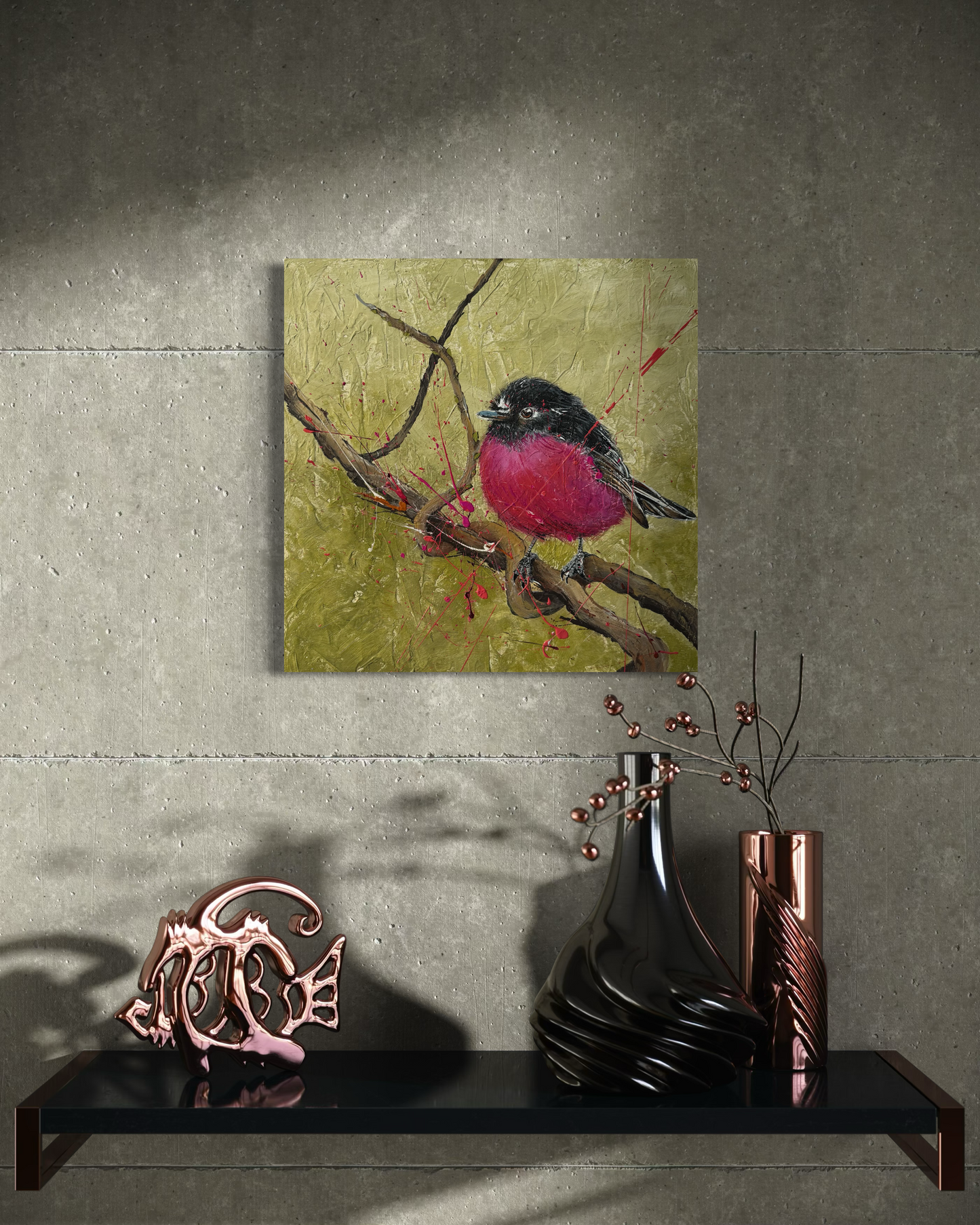 SOLD -Fine Art Prints available. "Pink Robin", one of Australia's most beautiful native birds. Acrylic on canvas. *Fine art prints are also available