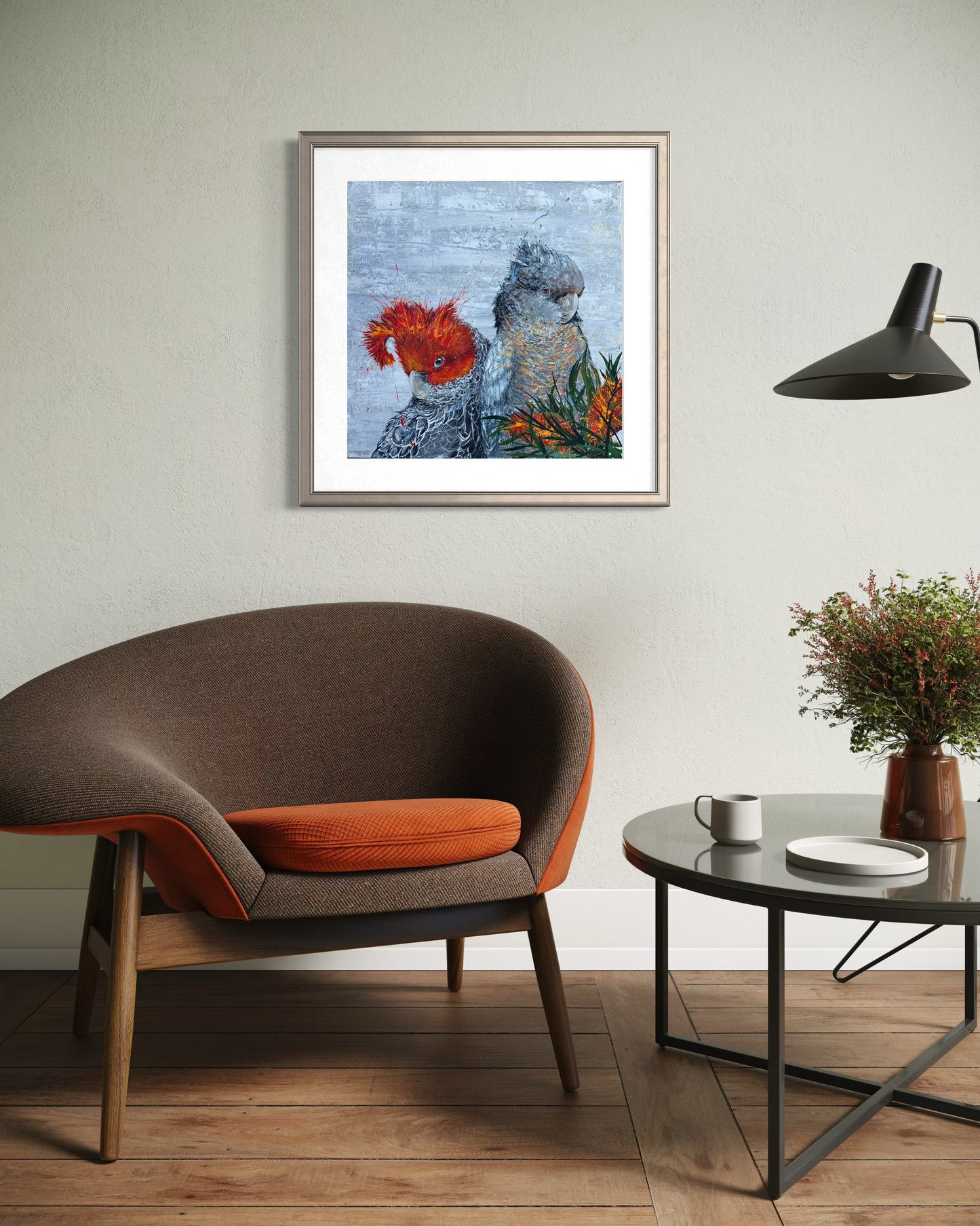 SOLD "Cockatoo Capers 2" The native Australian Gang Gang Black Cockatoos. Acrylic on canvas. *Fine art prints also available