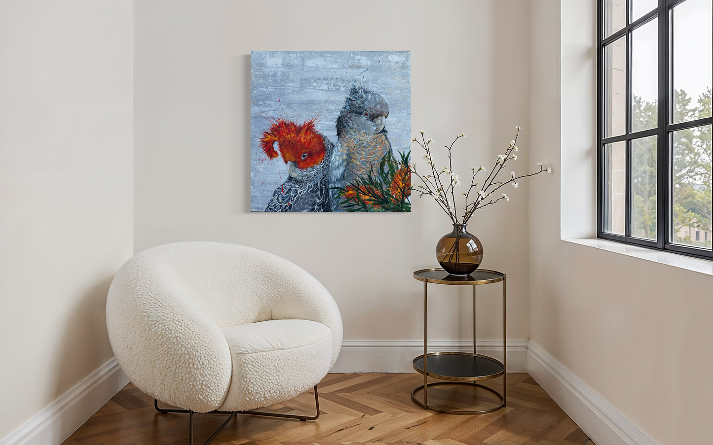 SOLD "Cockatoo Capers 2" The native Australian Gang Gang Black Cockatoos. Acrylic on canvas. *Fine art prints also available