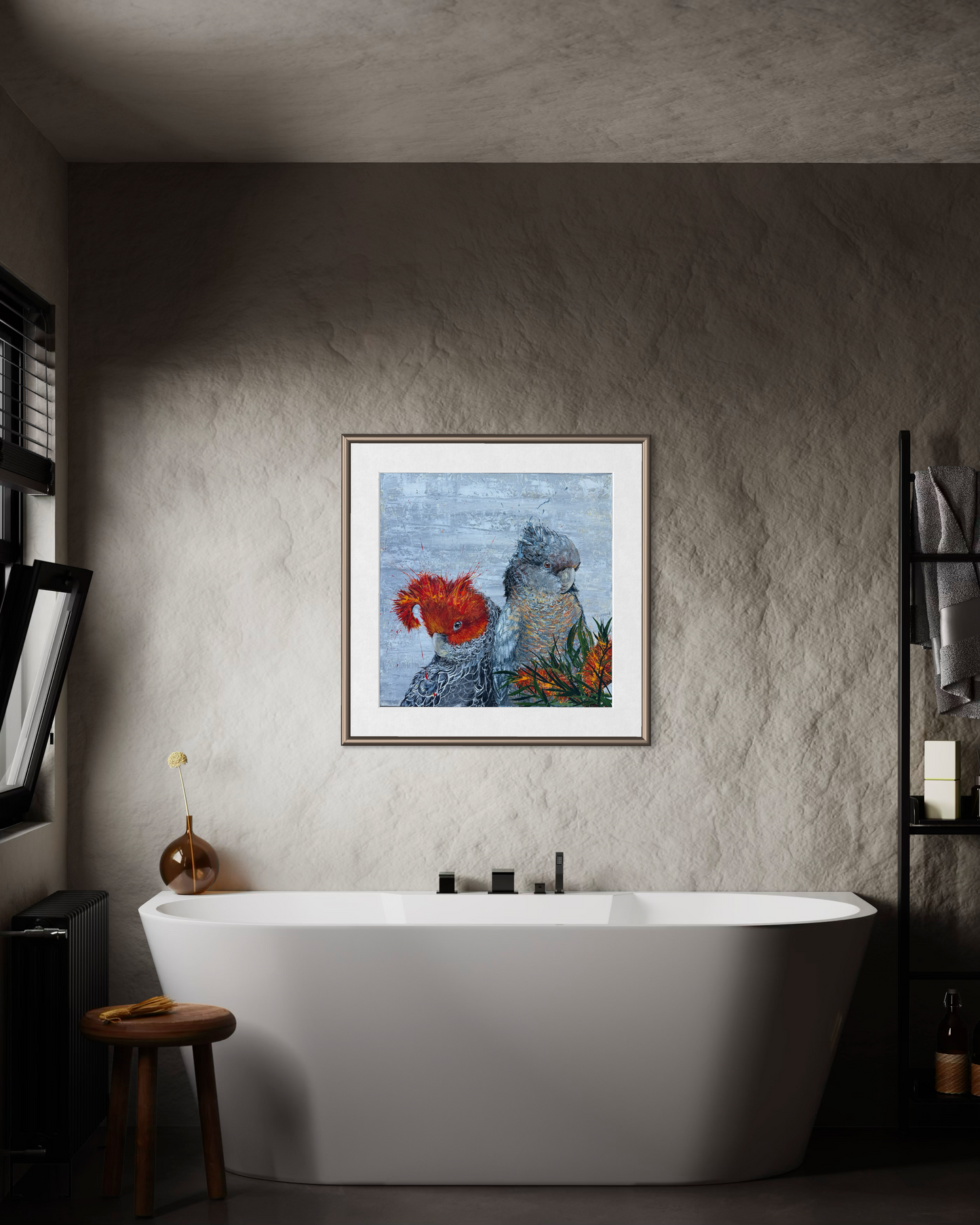 SOLD "Cockatoo Capers 2" The native Australian Gang Gang Black Cockatoos. Acrylic on canvas. *Fine art prints also available