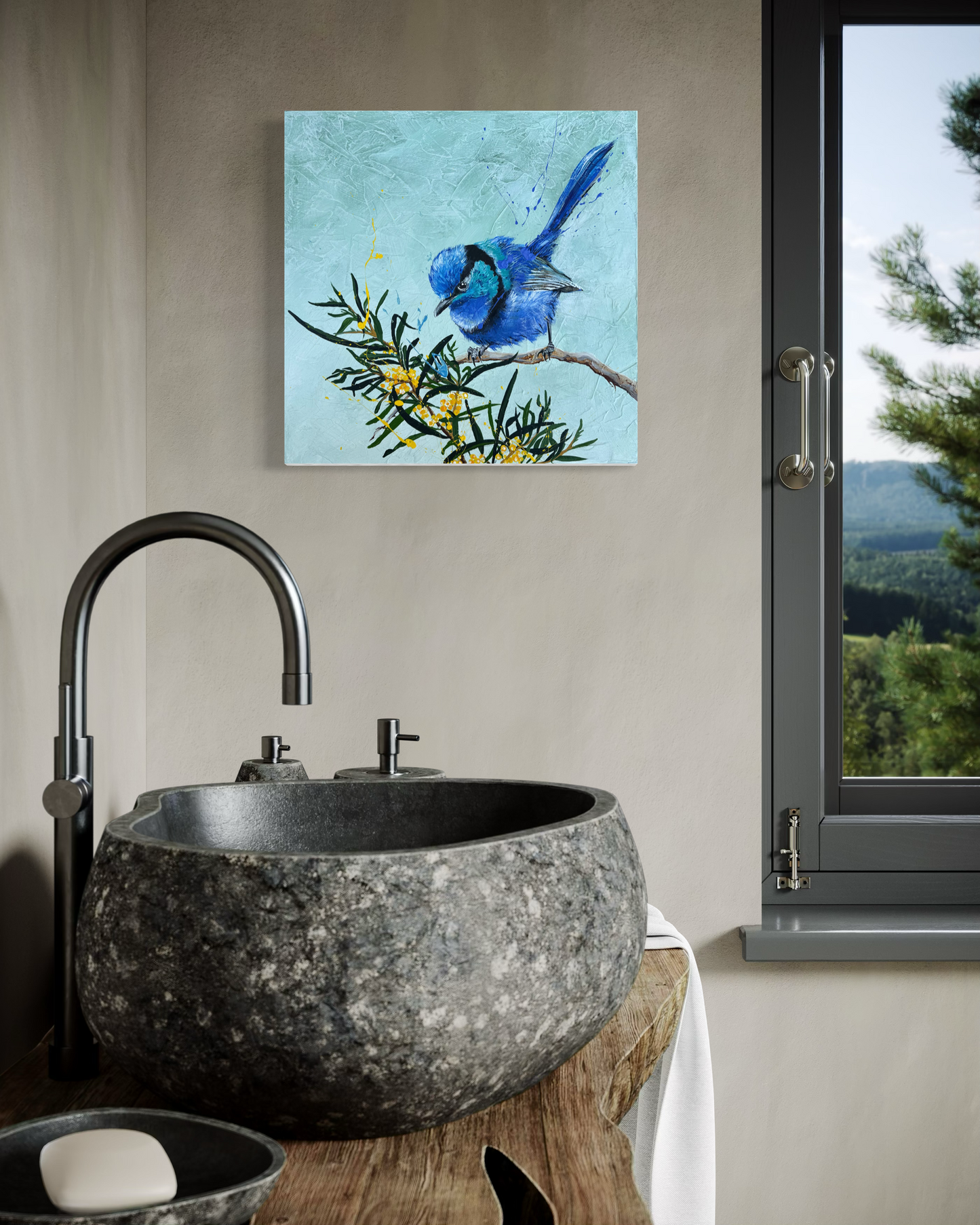 SOLD "Boy in Blue", the native Australian male Splendid Fairy Wren. Acrylic on canvas.